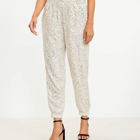 Loft Sequin Jogger Pants Cream Womens Pants Sz Medium Holiday Party Dressy - Picture 2 of 12
